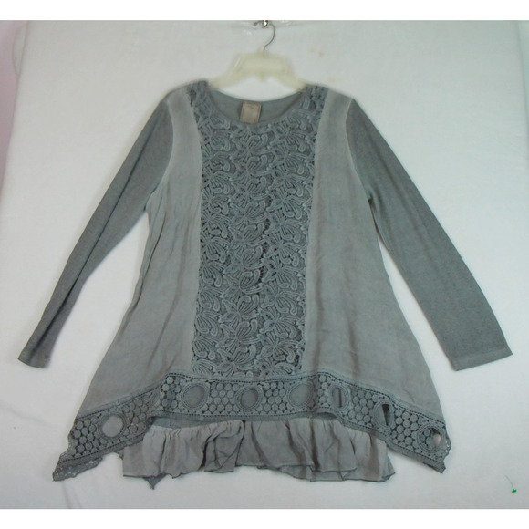 Fashion Concepts Lace Knit Tunic Top Back Slit Gray Size Large Boho - Picture 1 of 16